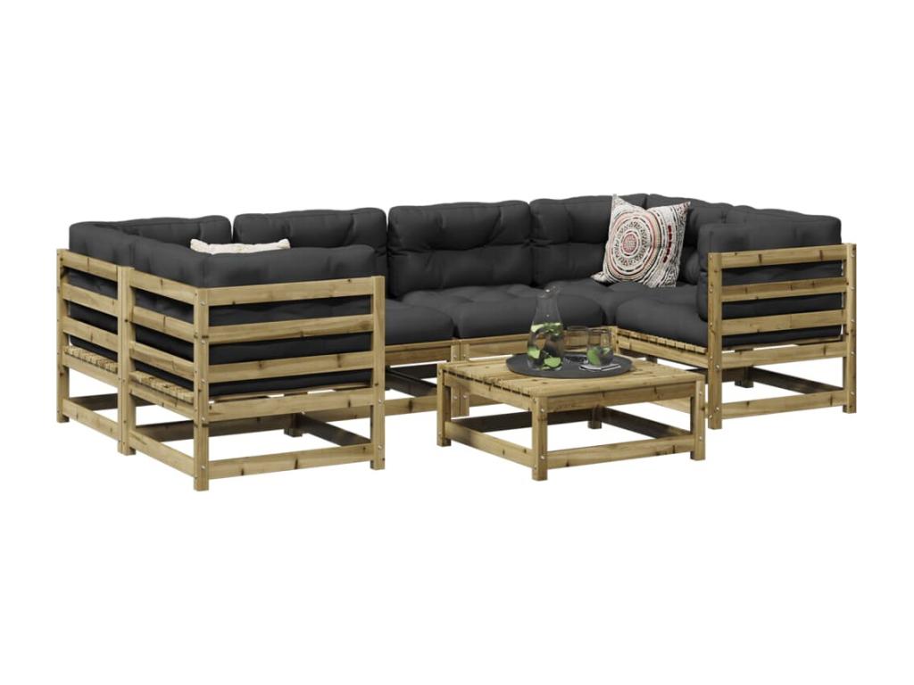 Ensemble de patio extérieur (7 pièces) - Brun, bois de pin, avec coussins