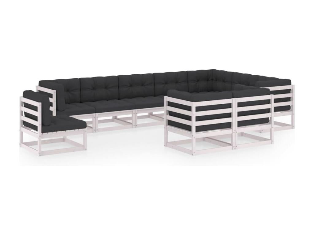 Ensemble de patio extérieur (10 pièces) - Blanc, bois de pin, avec coussins
