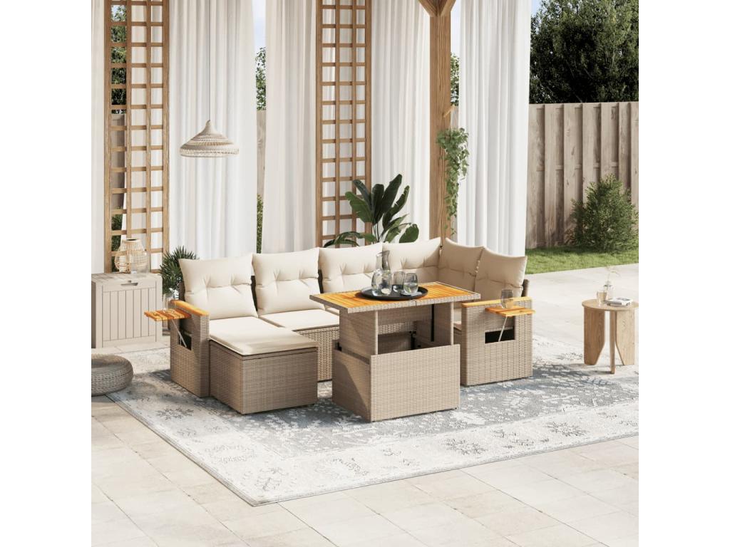 Ensemble de patio extérieur (7 pièces) - Beige, résine tissée, avec coussins