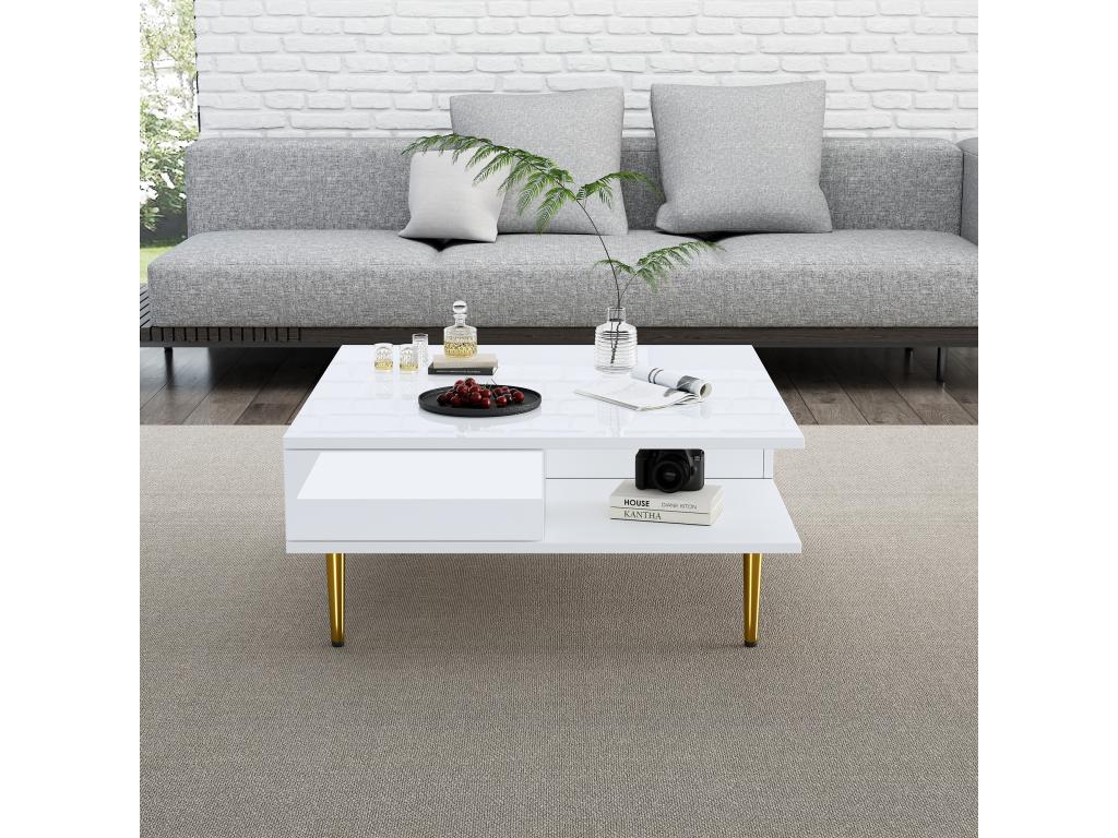 Table basse blanche avec tiroirs, 70 x 70 x 36 cm