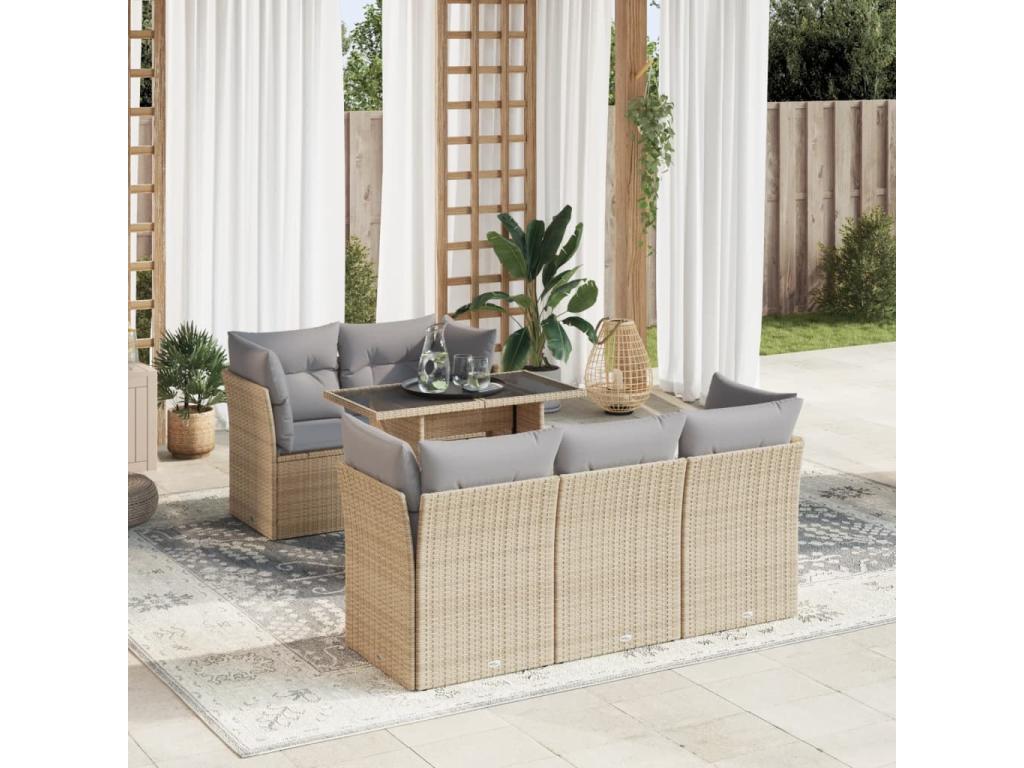 Ensemble de patio extérieur (6 pièces) - Beige, résine tissée, avec coussins