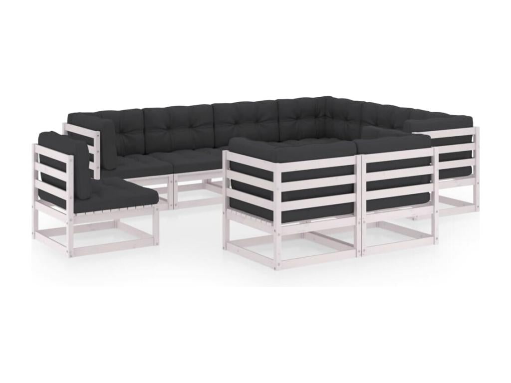 Ensemble de patio extérieur (9 pièces) - Blanc, bois de pin, avec coussins