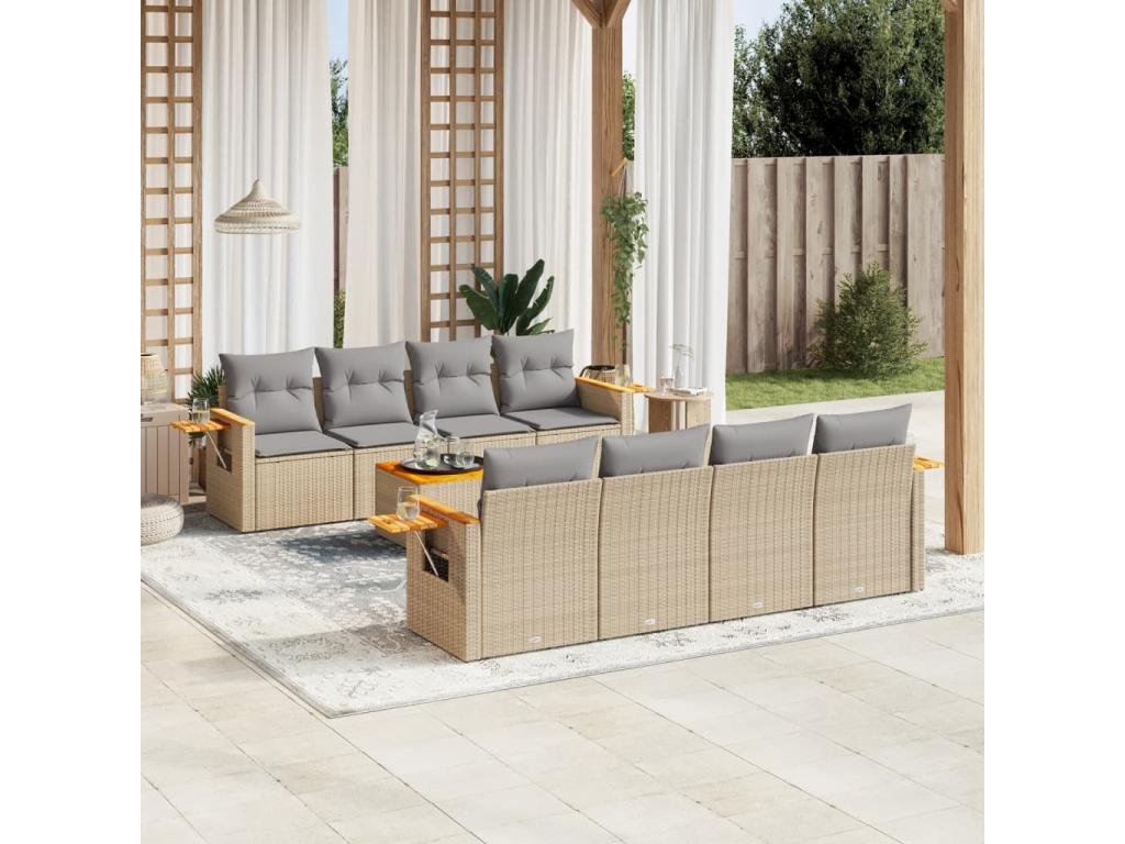Ensemble de patio extérieur (9 pièces) - Beige, résine tissée, avec coussins