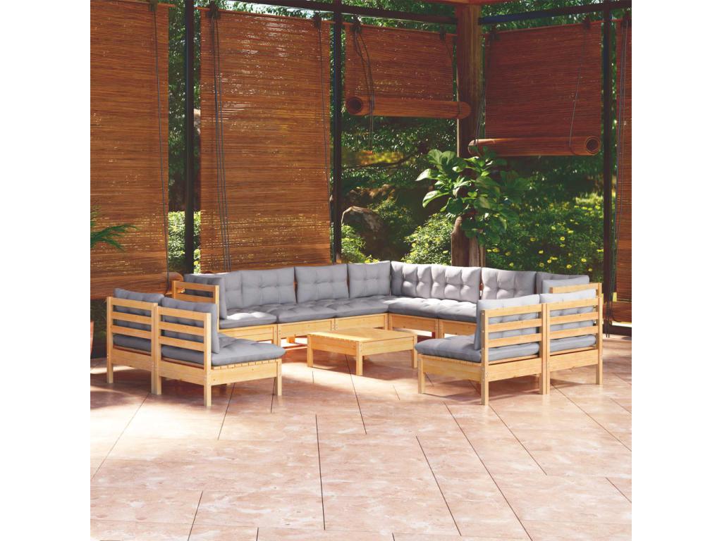 Ensemble de patio extérieur (12 pièces) - Gris, bois de pin, avec coussins