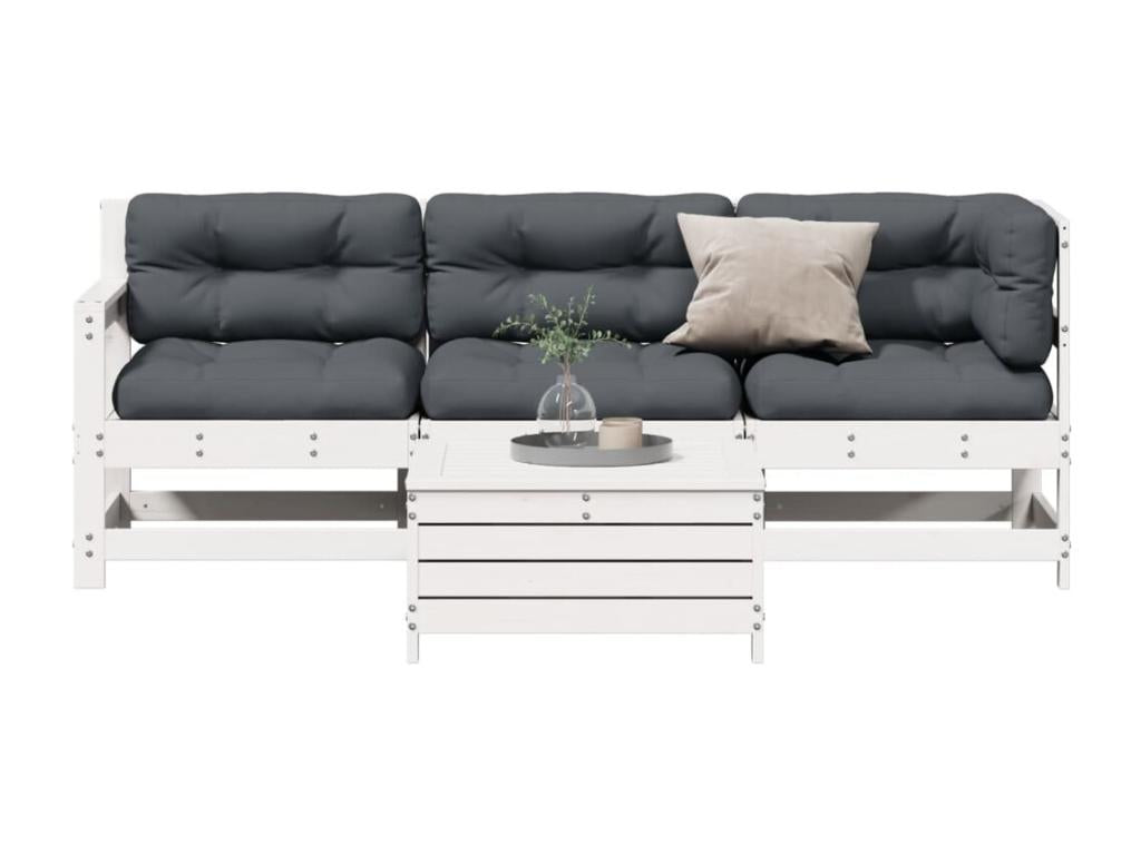 Ensemble de patio extérieur (4 pièces) - Blanc, bois de pin, avec coussins