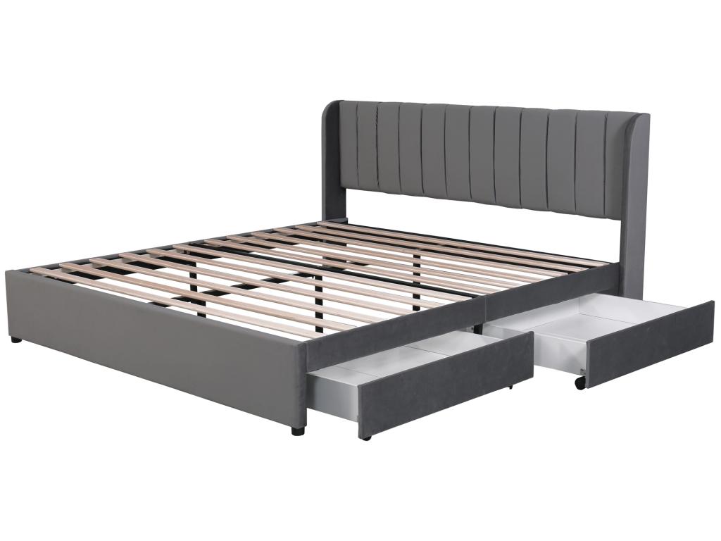 Lit gris - Revêtement en velours, avec tiroirs, 180 x 200 cm