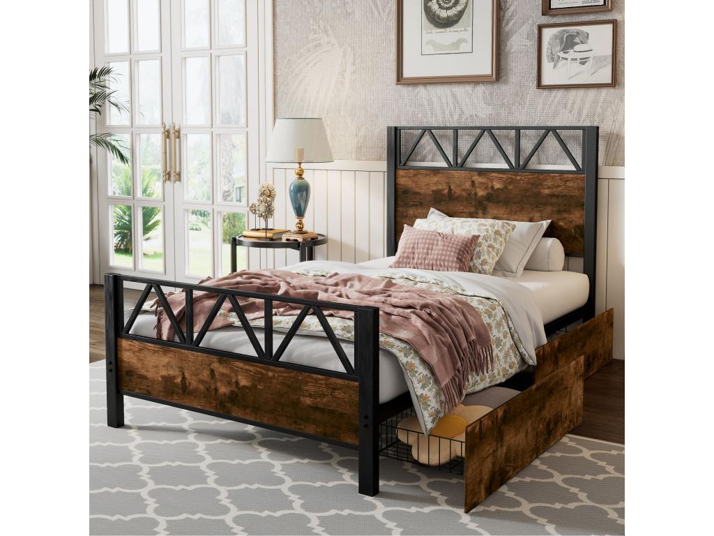 Lit noir en métal avec tiroirs, 90 x 200 cm