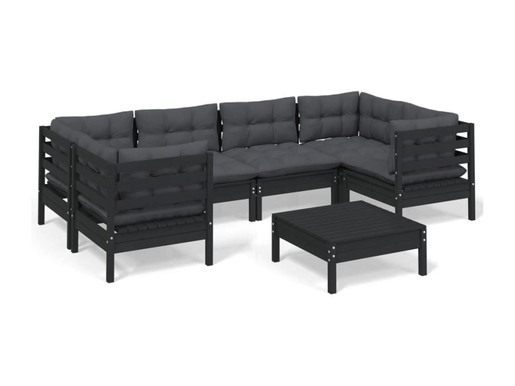 Ensemble de patio extérieur (7 pièces) - Noir, bois de pin, avec coussins