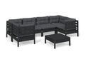 Ensemble de patio extérieur (7 pièces) - Noir, bois de pin, avec coussins