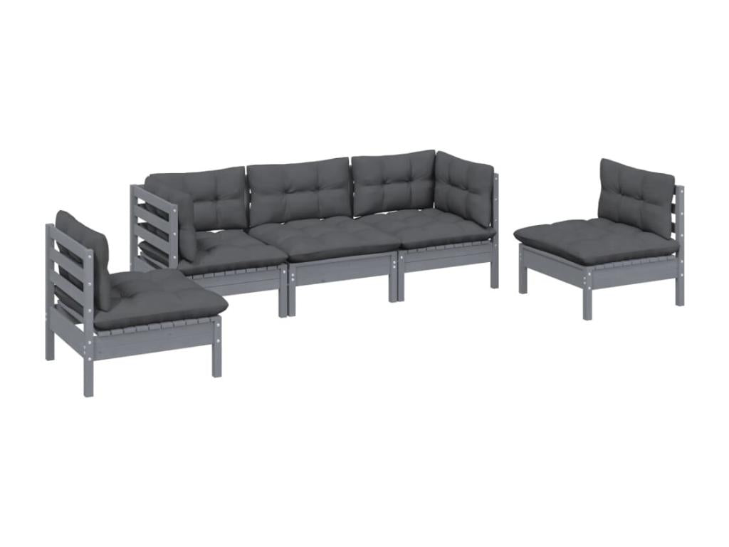 Ensemble de patio extérieur (5 pièces) - Gris, bois de pin, avec coussins