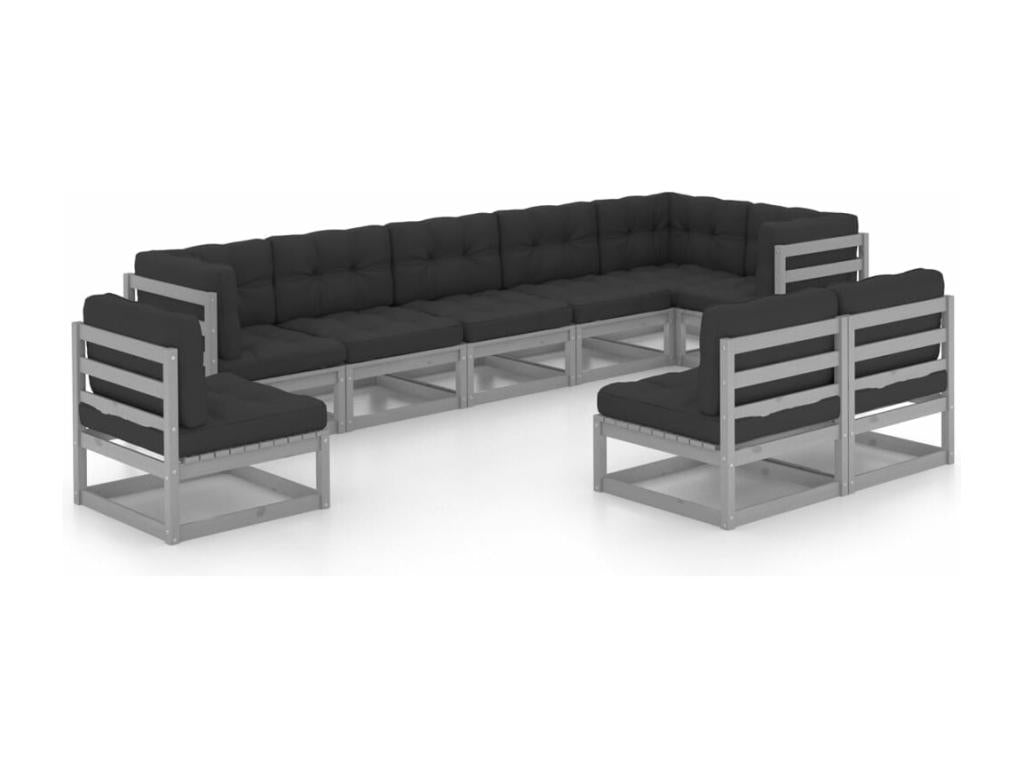 Ensemble de patio extérieur (9 pièces) - Gris, bois de pin, avec coussins