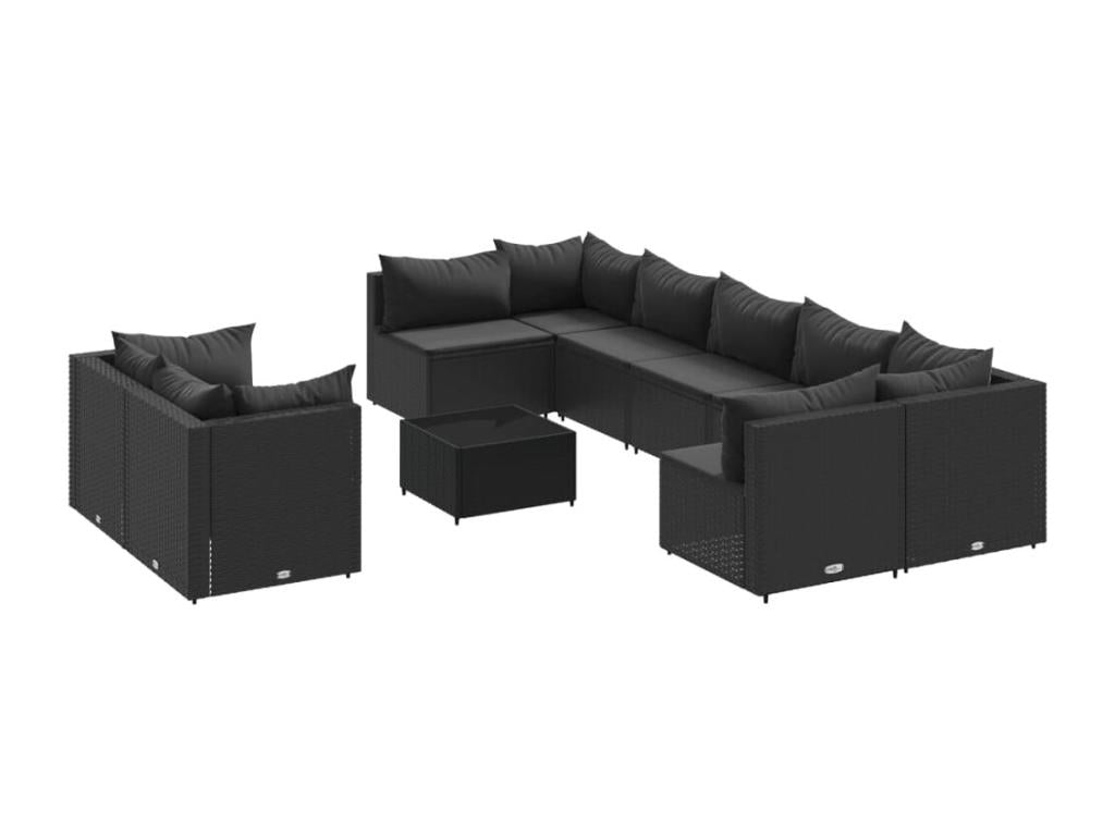 Ensemble de patio extérieur (10 pièces) - Noir, résine tissée, avec coussins