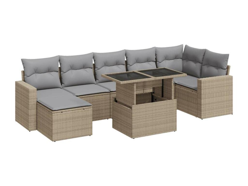 Ensemble de patio extérieur (8 pièces) - Beige, résine tissée, avec coussins