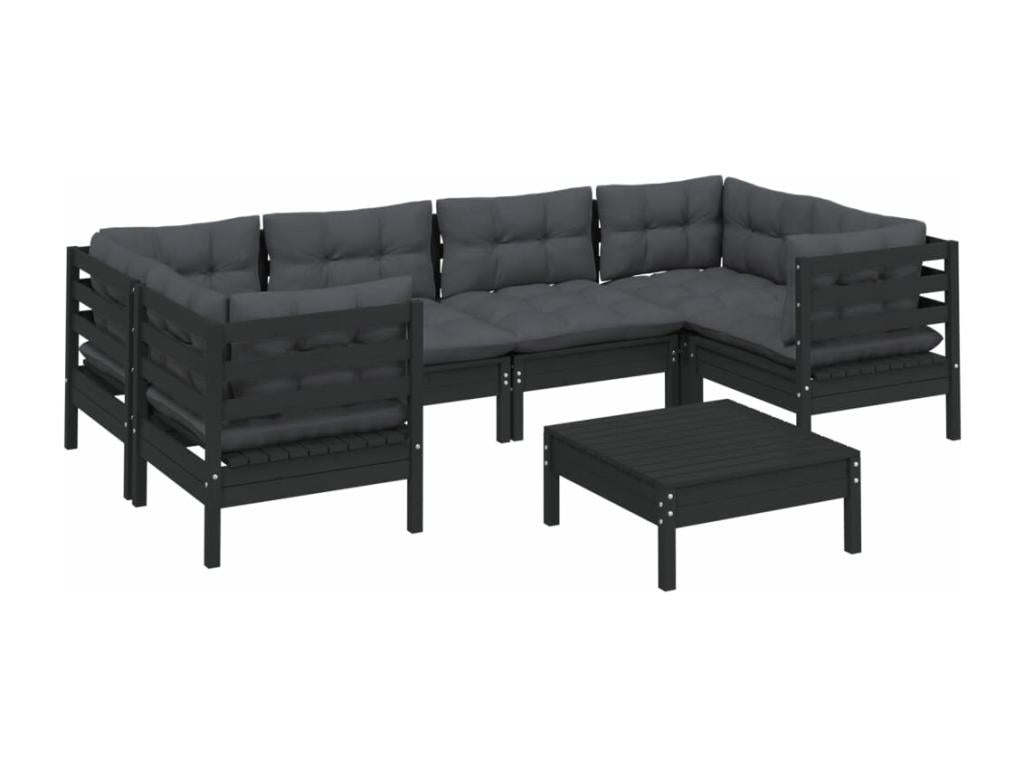 Ensemble de patio extérieur (7 pièces) - Noir, bois de pin, avec coussins
