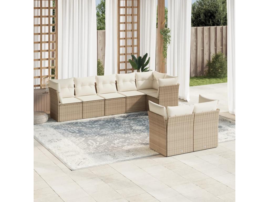 Ensemble de patio extérieur (8 pièces) - Beige, résine tissée, avec coussins