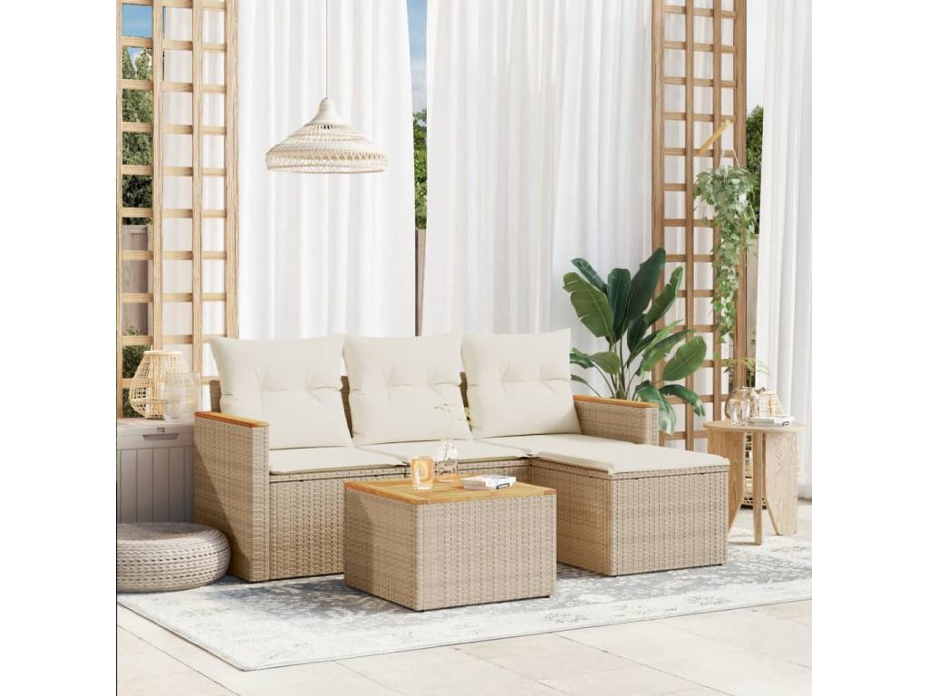 Ensemble de patio extérieur (5 pièces) - Beige, résine tissée, avec coussins