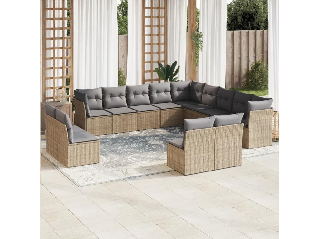 Ensemble de patio extérieur (13 pièces) - Beige, résine tissée, avec coussins