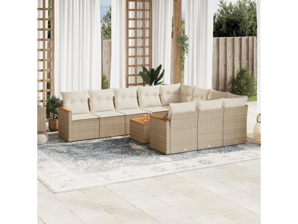 Ensemble de patio extérieur (11 pièces) - Beige, résine tissée, avec coussins
