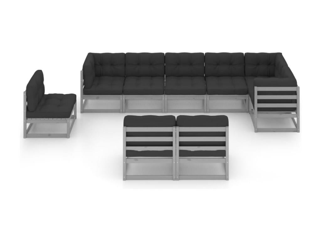 Ensemble de patio extérieur (9 pièces) - Gris, bois de pin, avec coussins