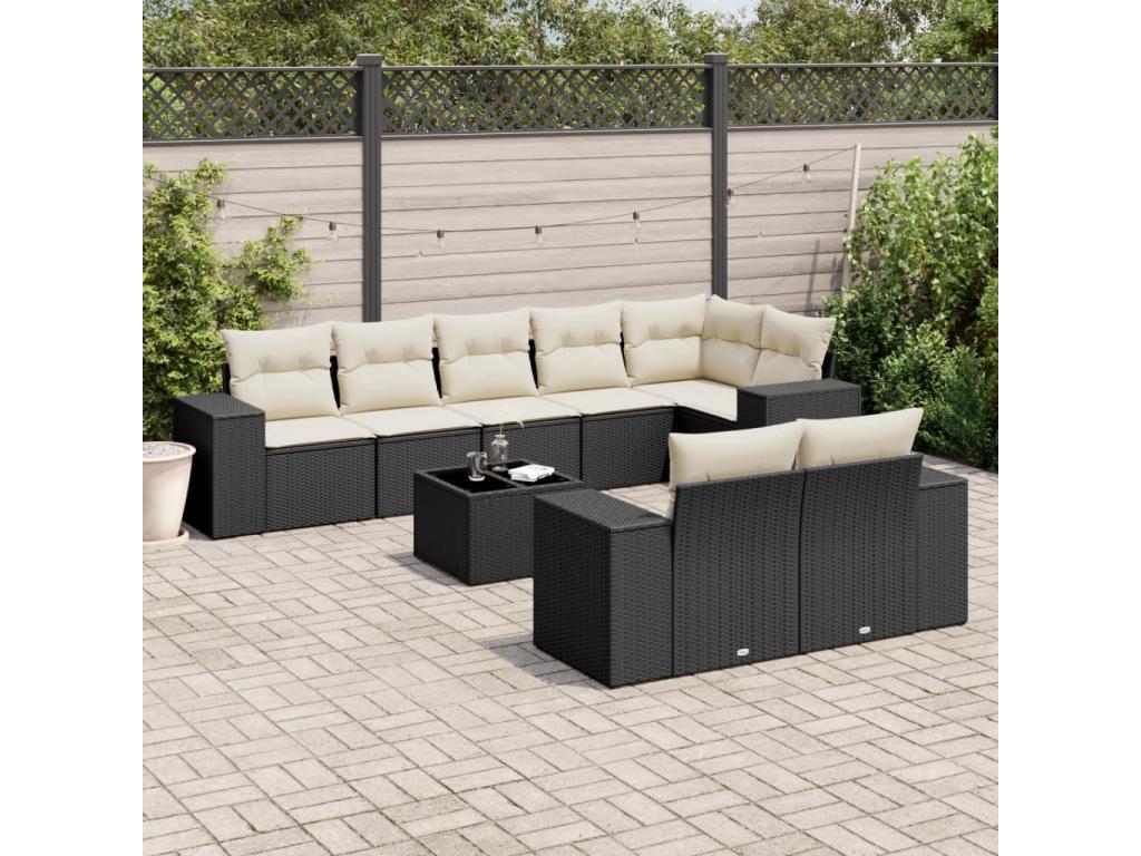 Ensemble de patio extérieur (9 pièces) - Noir, résine tissée, avec coussins