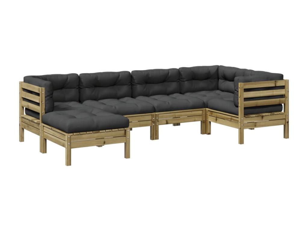 Ensemble de patio extérieur (6 pièces) - Brun, bois de pin, avec coussins