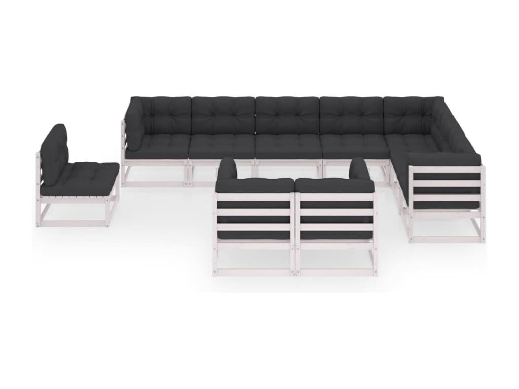 Ensemble de patio extérieur (10 pièces) - Blanc, bois de pin, avec coussins