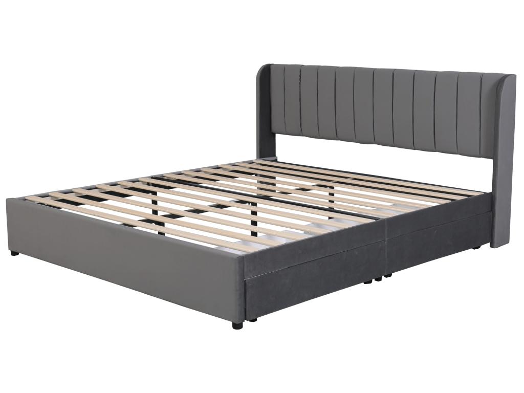 Lit gris - Revêtement en velours, avec tiroirs, 180 x 200 cm