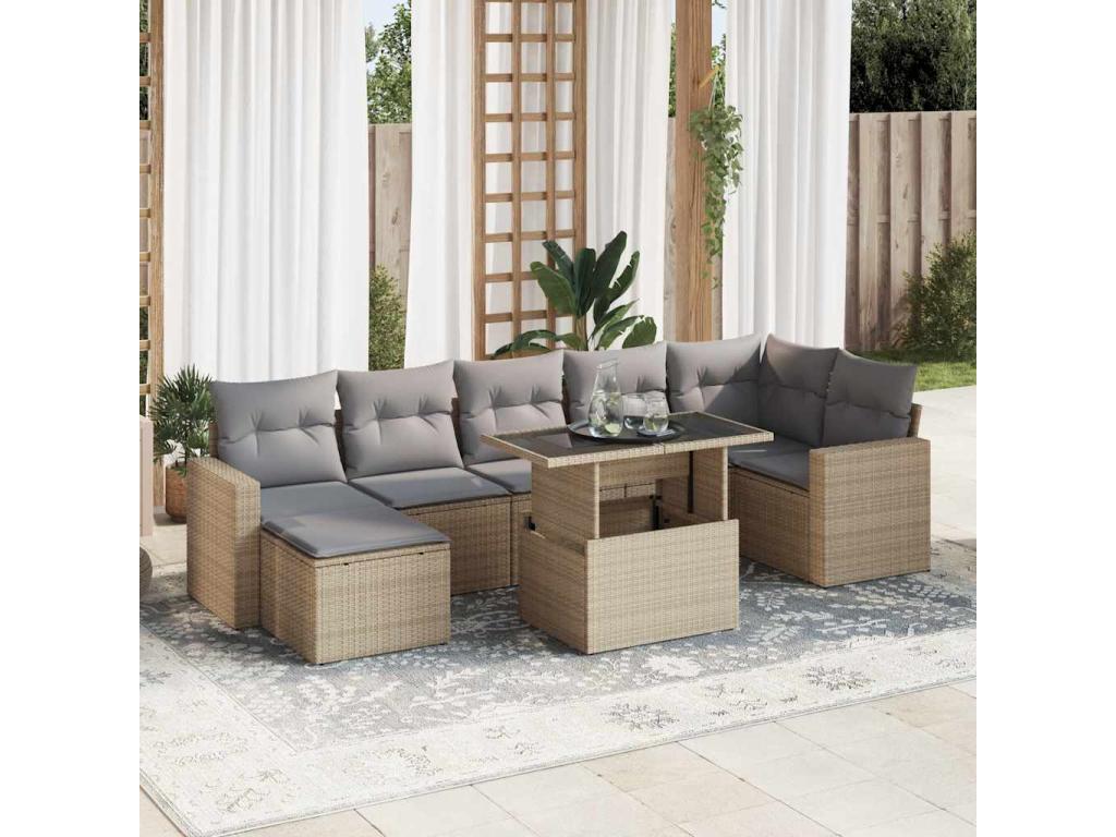 Ensemble de patio extérieur (8 pièces) - Beige, résine tissée, avec coussins