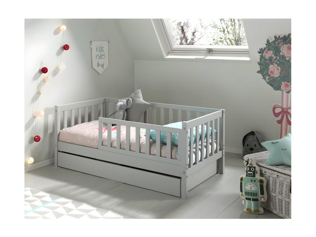 Lit gris avec tiroirs, 70 x 140 cm