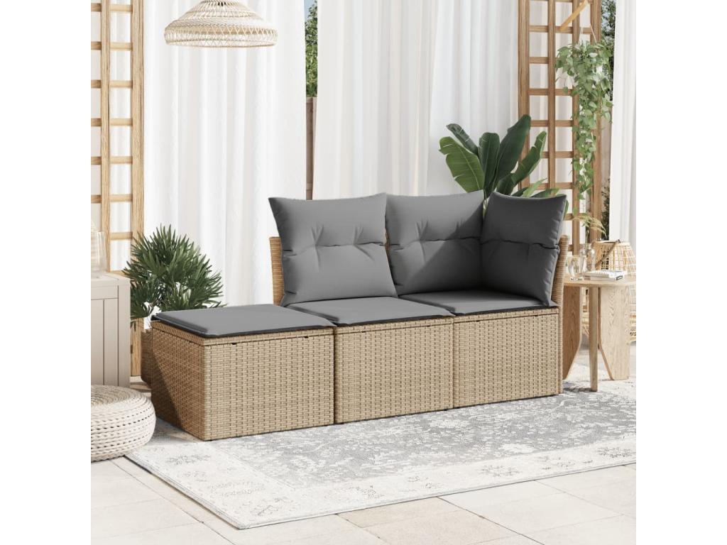 Tabouret beige en résine tressée, avec coussins, 55 x 55 x 37