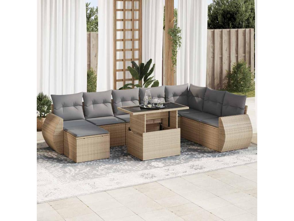 Ensemble de patio extérieur (9 pièces) - Beige, résine tissée, avec coussins