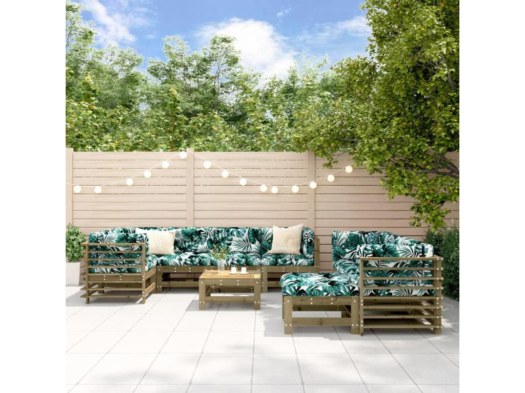 Ensemble de patio extérieur (10 pièces) - Brun, bois de pin, avec coussins