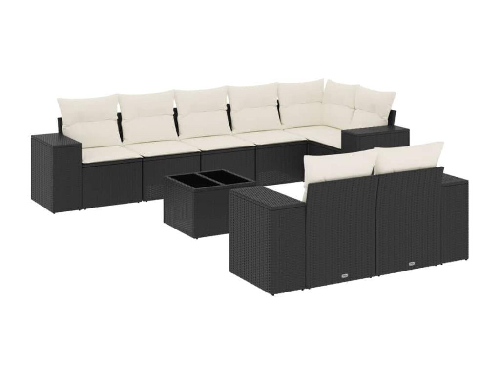 Ensemble de patio extérieur (9 pièces) - Noir, résine tissée, avec coussins