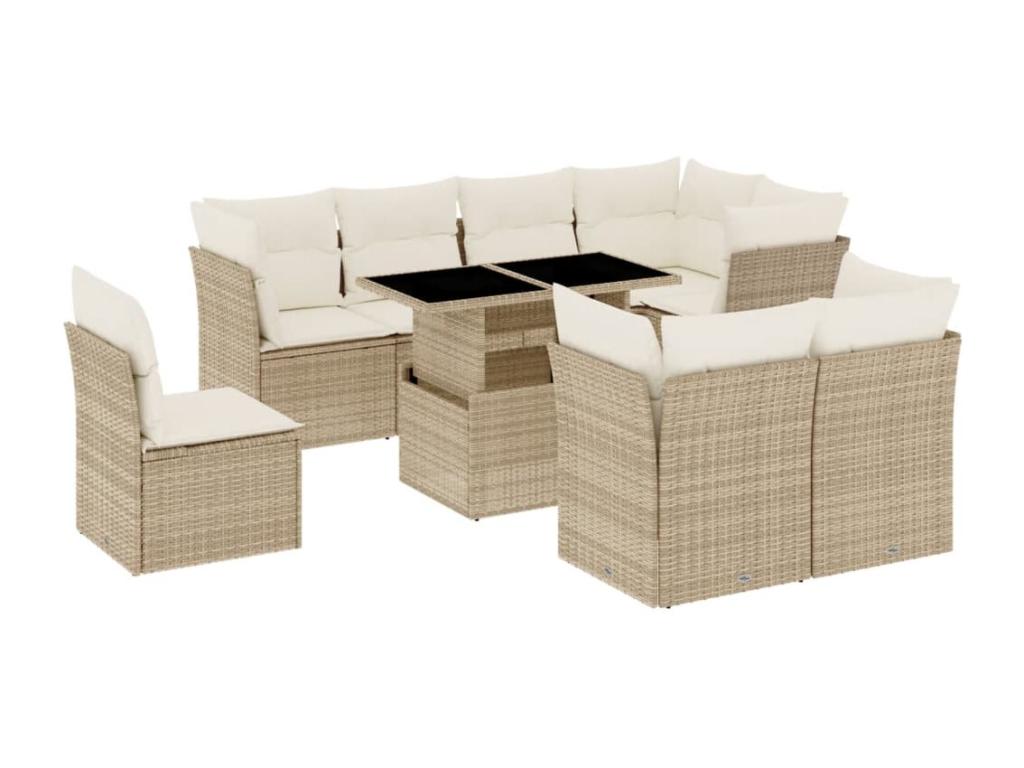 Ensemble de patio extérieur (9 pièces) - Beige, résine tissée, avec coussins
