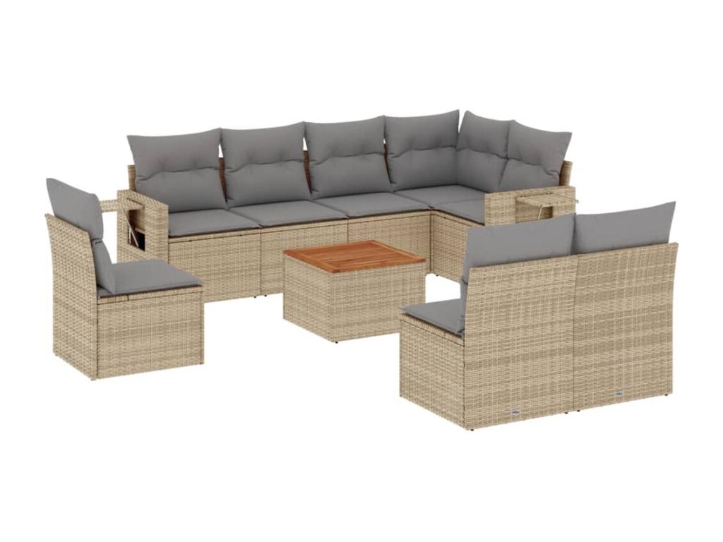 Ensemble de patio extérieur (9 pièces) - Beige, résine tissée, avec coussins