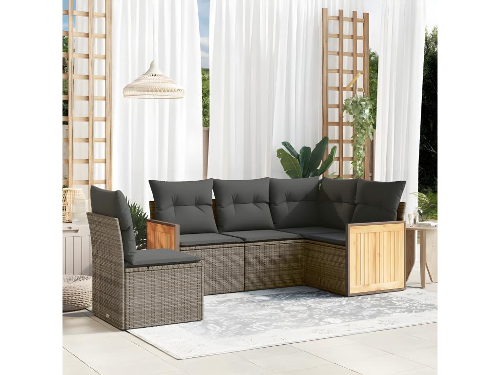 Ensemble de patio extérieur (5 pièces) - Gris, résine tissée, avec coussins
