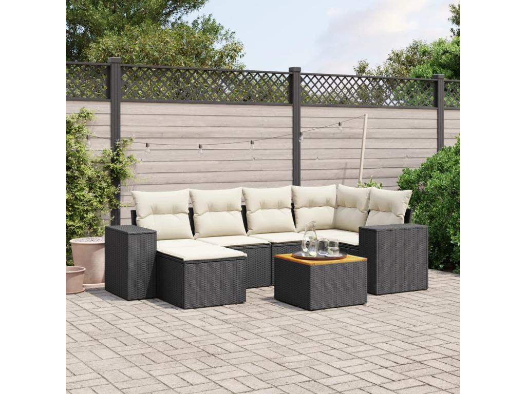 Ensemble de patio extérieur (7 pièces) - Noir, résine tissée, avec coussins