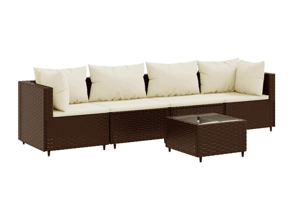 Ensemble de patio extérieur (5 pièces) - Brun, résine tissée, avec coussins