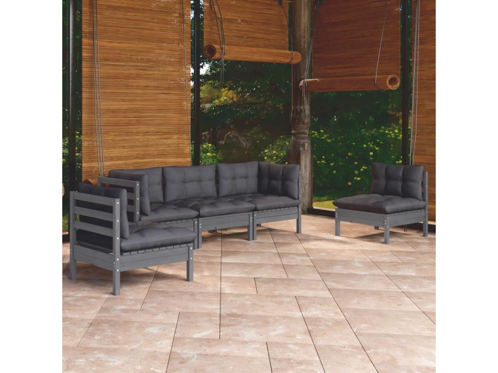 Ensemble de patio extérieur (5 pièces) - Gris, bois de pin, avec coussins
