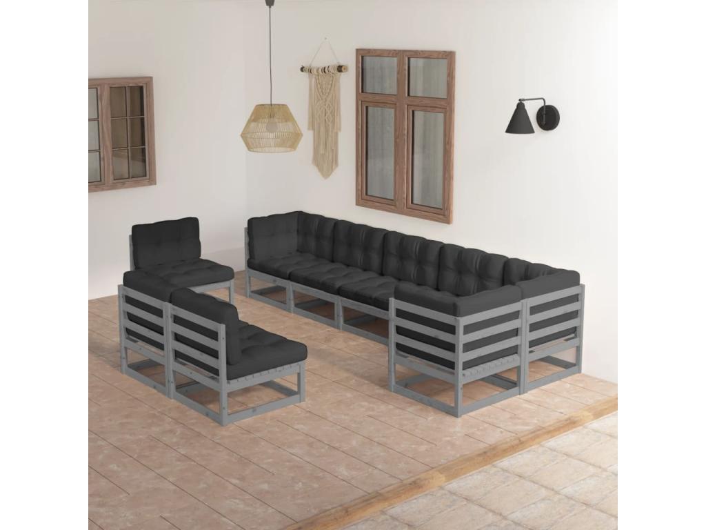 Ensemble de patio extérieur (9 pièces) - Gris, bois de pin, avec coussins