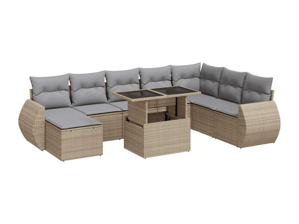 Ensemble de patio extérieur (9 pièces) - Beige, résine tissée, avec coussins