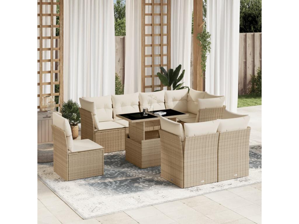 Ensemble de patio extérieur (9 pièces) - Beige, résine tissée, avec coussins