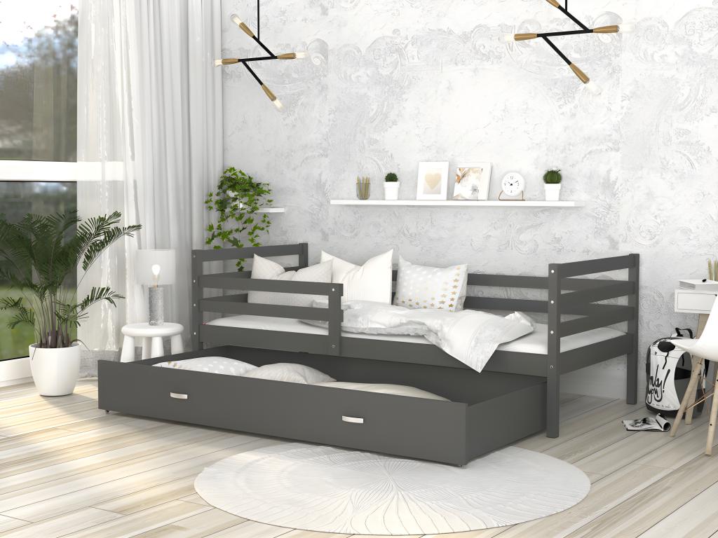 Lit gris avec tiroirs, 90 x 190