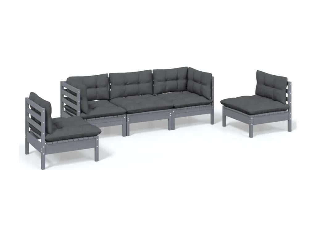 Ensemble de patio extérieur (5 pièces) - Gris, bois de pin, avec coussins