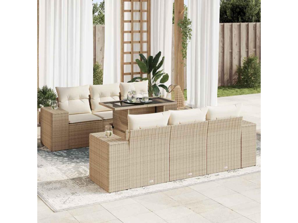 Ensemble de patio extérieur (7 pièces) - Beige, résine tissée, avec coussins