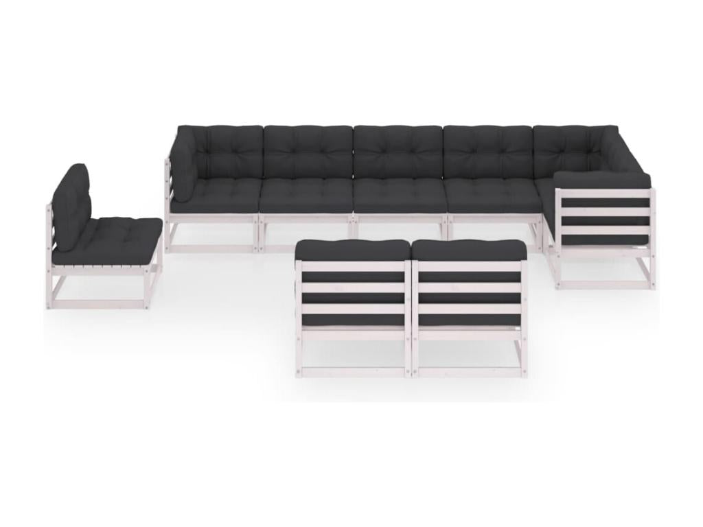 Ensemble de patio extérieur (9 pièces) - Blanc, bois de pin, avec coussins