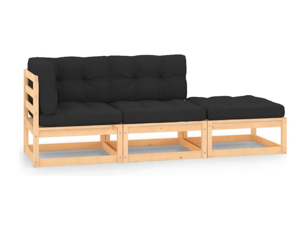 Ensemble de patio extérieur (3 pièces) - Gris anthracite, bois de pin, avec coussins