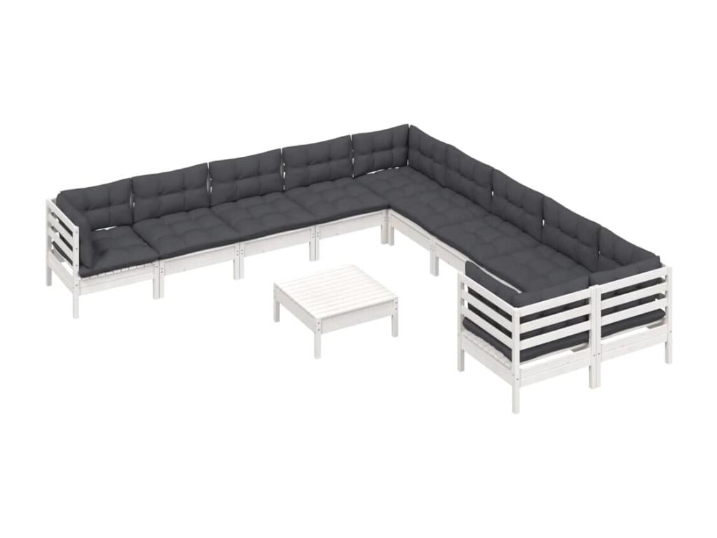 Ensemble de patio extérieur (11 pièces) - Blanc, bois de pin, avec coussins