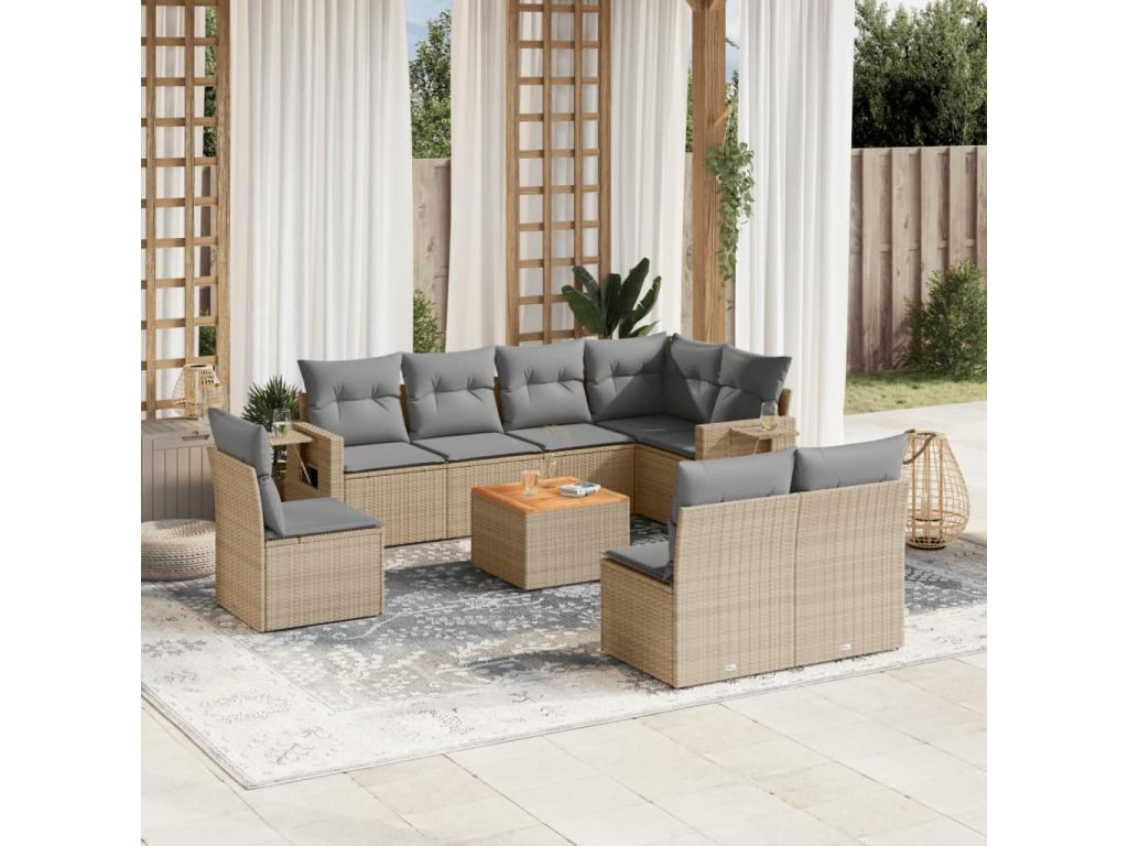Ensemble de patio extérieur (9 pièces) - Beige, résine tissée, avec coussins