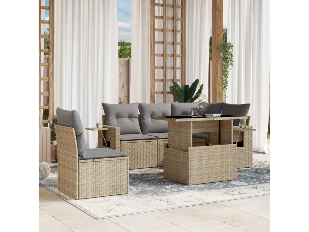 Ensemble de patio extérieur (6 pièces) - Beige, résine tissée, avec coussins